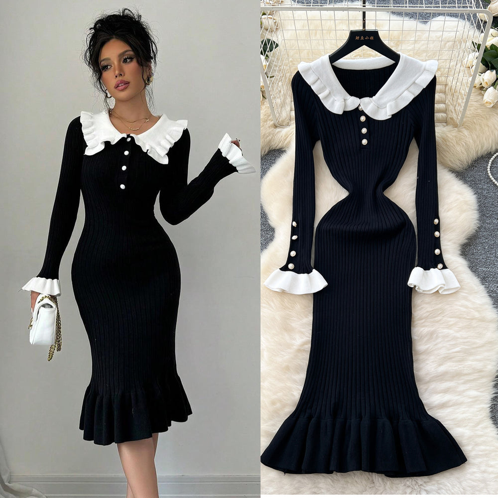 Autumnew arrivalretrocontrast color doll collar waist knittingdress women's elastic silmelegantruffles long skirt