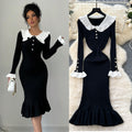 Autumnew arrivalretrocontrast color doll collar waist knittingdress women's elastic silmelegantruffles long skirt