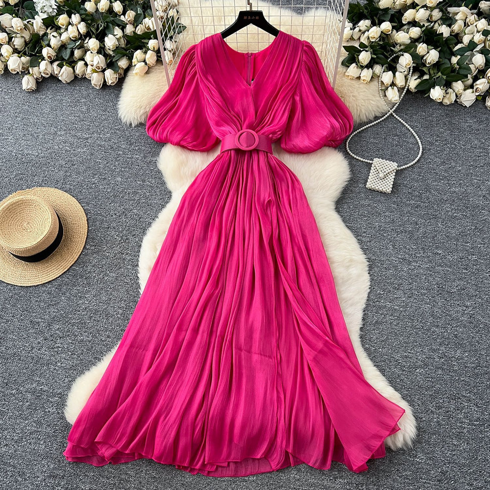 Luxury chic bubble sleeve dress - women's summer slit v-neck belted slimming exquisite maxi dress