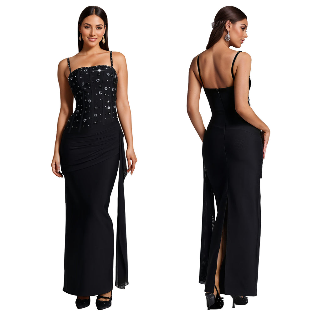C7775 cross-border  new women's rhinestone-embellished camisole evening gown with ribbon detail, perfect for banquets, hostesses, and bodycon dresses