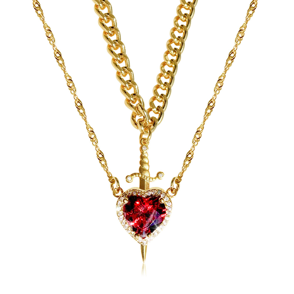 European and american new arrival hot selling pink crystal heart dagger pendant layered necklace french design women's clavicle chain