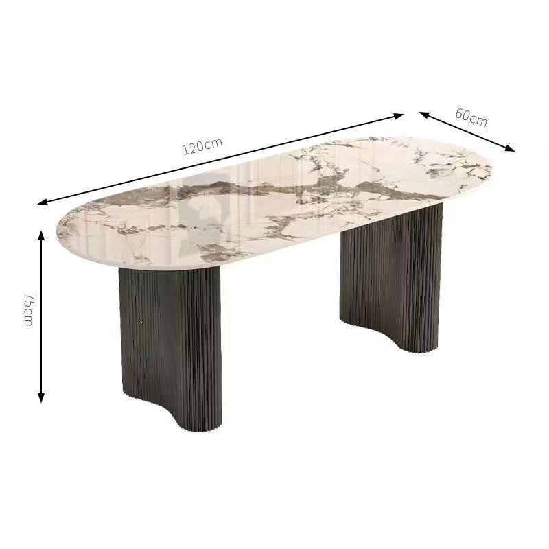 French cream oval dining table with marble top and full baseboard - vintage, high-end, compact, modern, and light luxury dining table for home use
