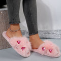 Premium flat fuzzy slippers for women, autumn/winter 2024 new collection, heart-shaped rhinestone embellished plush cotton house slippers