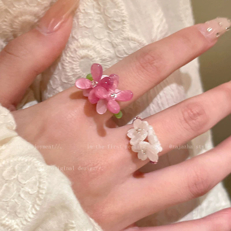 Super fairy french violet flower ring for women niche style design seaside vacation style stacked elastic cord ring bracelet