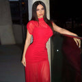 Amazon cross-border fashion women's winter new sexy waist-cinching patchwork mesh bodycon maxi dress