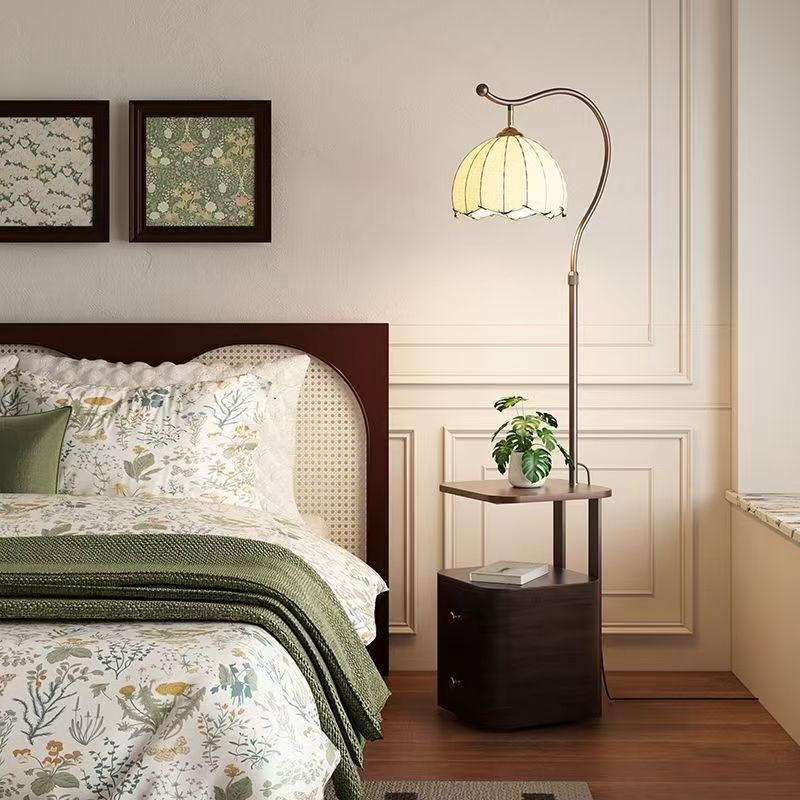 new french style bedside table - multifunctional solid wood nightstand with integrated floor lamp and storage shelf
