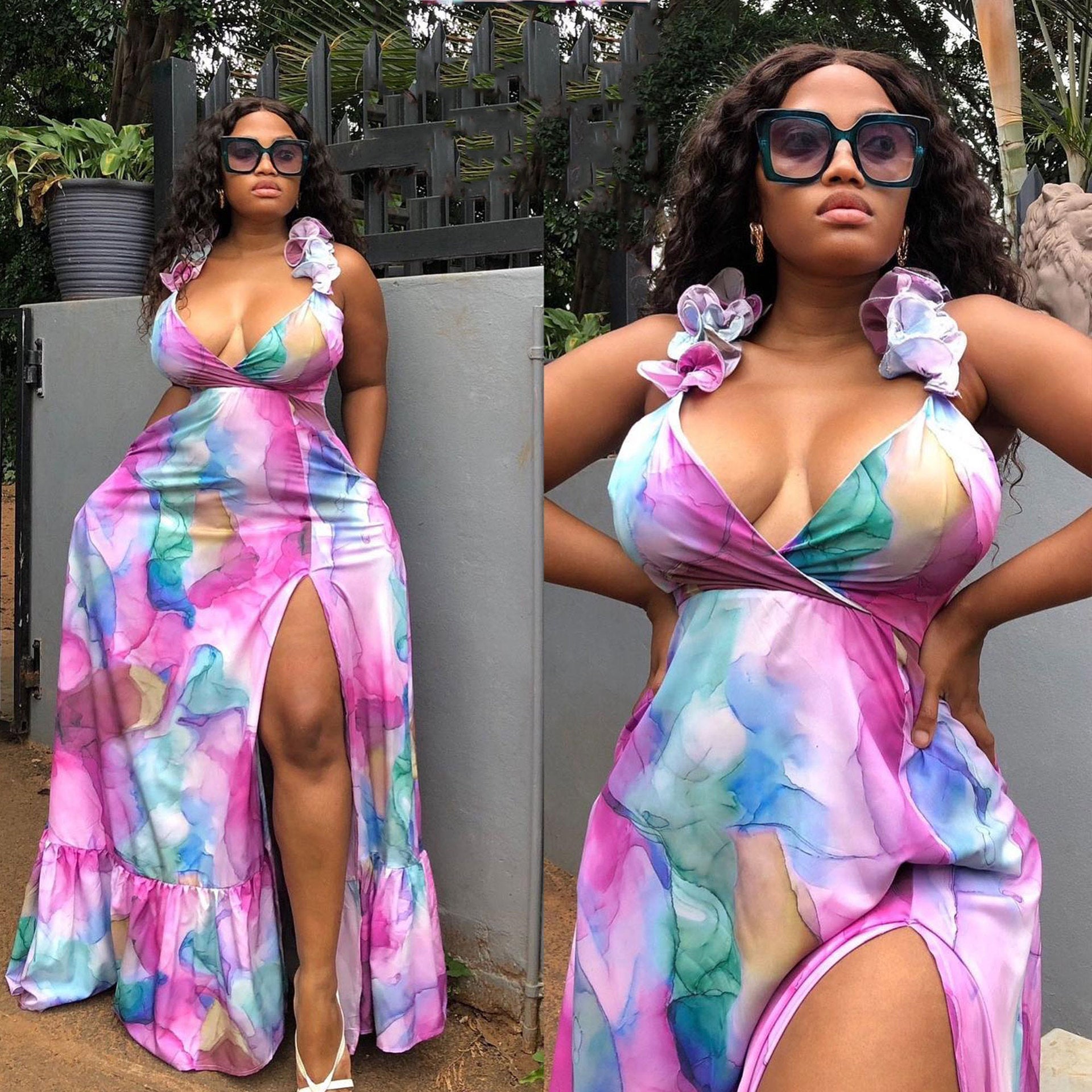 S10498 European, American, sexy, printed large size suspender split dress