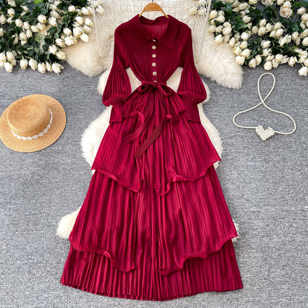 K-style lantern sleeve dress women's waist strap rufflespleated cake skirt slimming look long skirt
