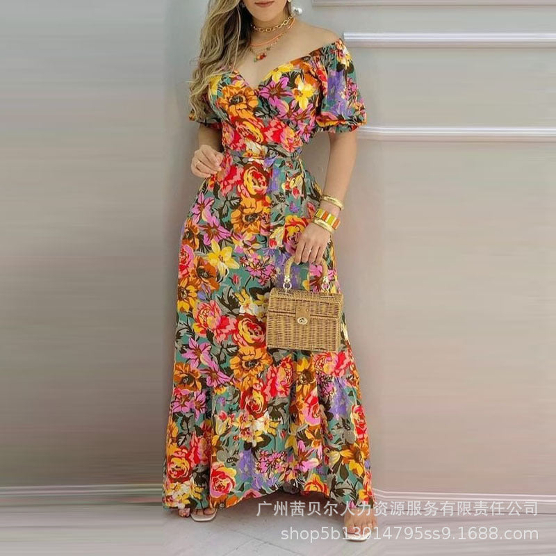 Spot  2022 European and American new floral print v-neck side open dress