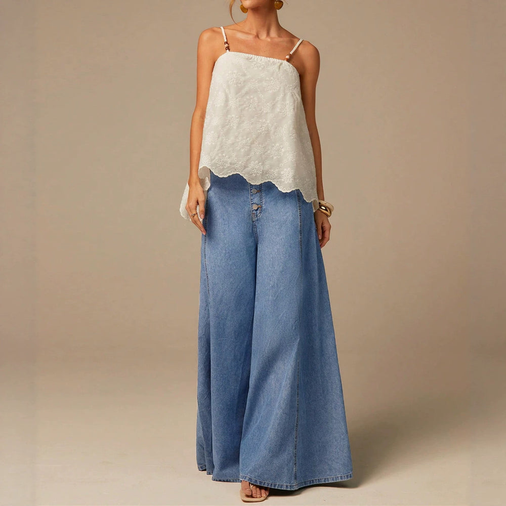 European and american style women's light blue washed single-breasted high-waisted wide-leg jeans - vintage drape, floor-length denim pants