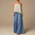 European and american style women's light blue washed single-breasted high-waisted wide-leg jeans - vintage drape, floor-length denim pants