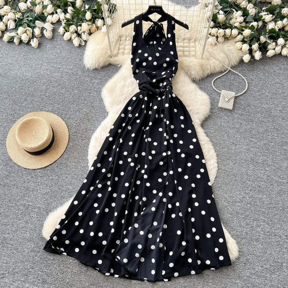 French halter sleeveless polka dot pure desire dress women's summer bowstie back backless waist slit large swing skirt