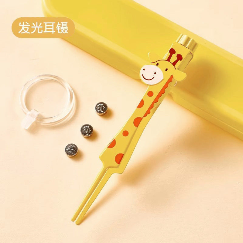 Giraffe ear cleaning kit - lighted ear spoon, safe & visible earwax removal tool for kids, includes tweezers