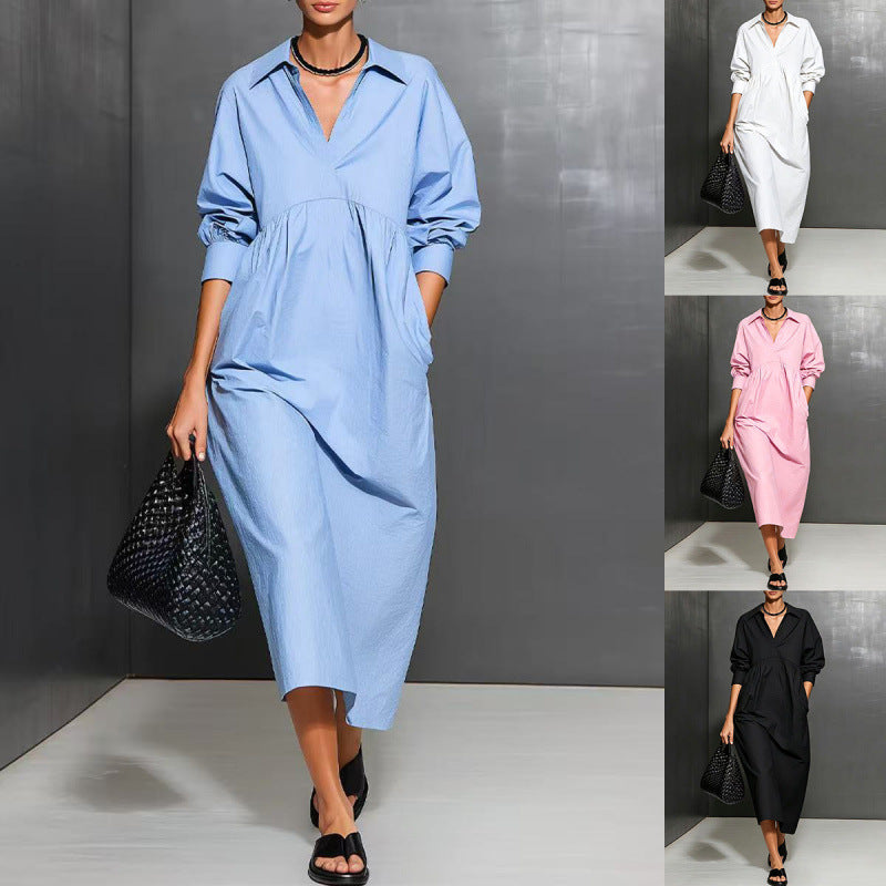 new european and american cross-border style: solid color, loose-fit, long-sleeve shirt collar pocket dress