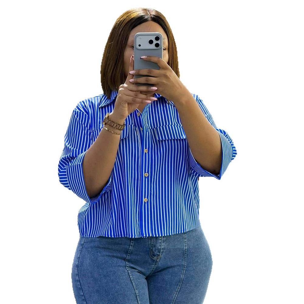 European and american cross-border women's fashion:  summer new arrival - stylish and elegant loose-fit turn-down collar design short striped blouse