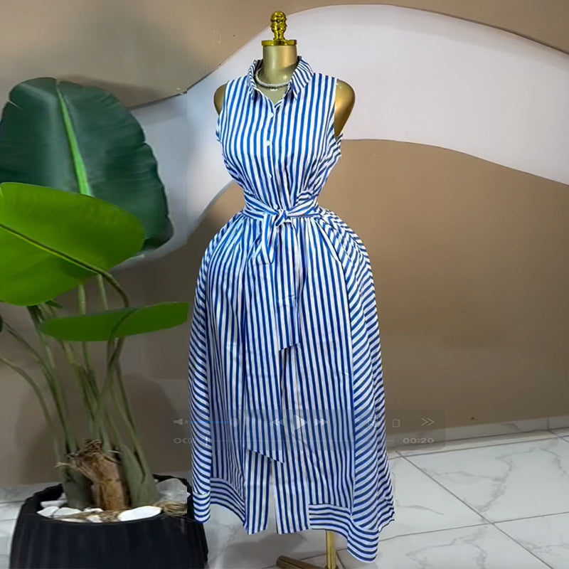 European and american women's clothing  autumn new sweet and fresh striped turn-down collar sleeveless high-waisted slimming shirt dress maxi dress