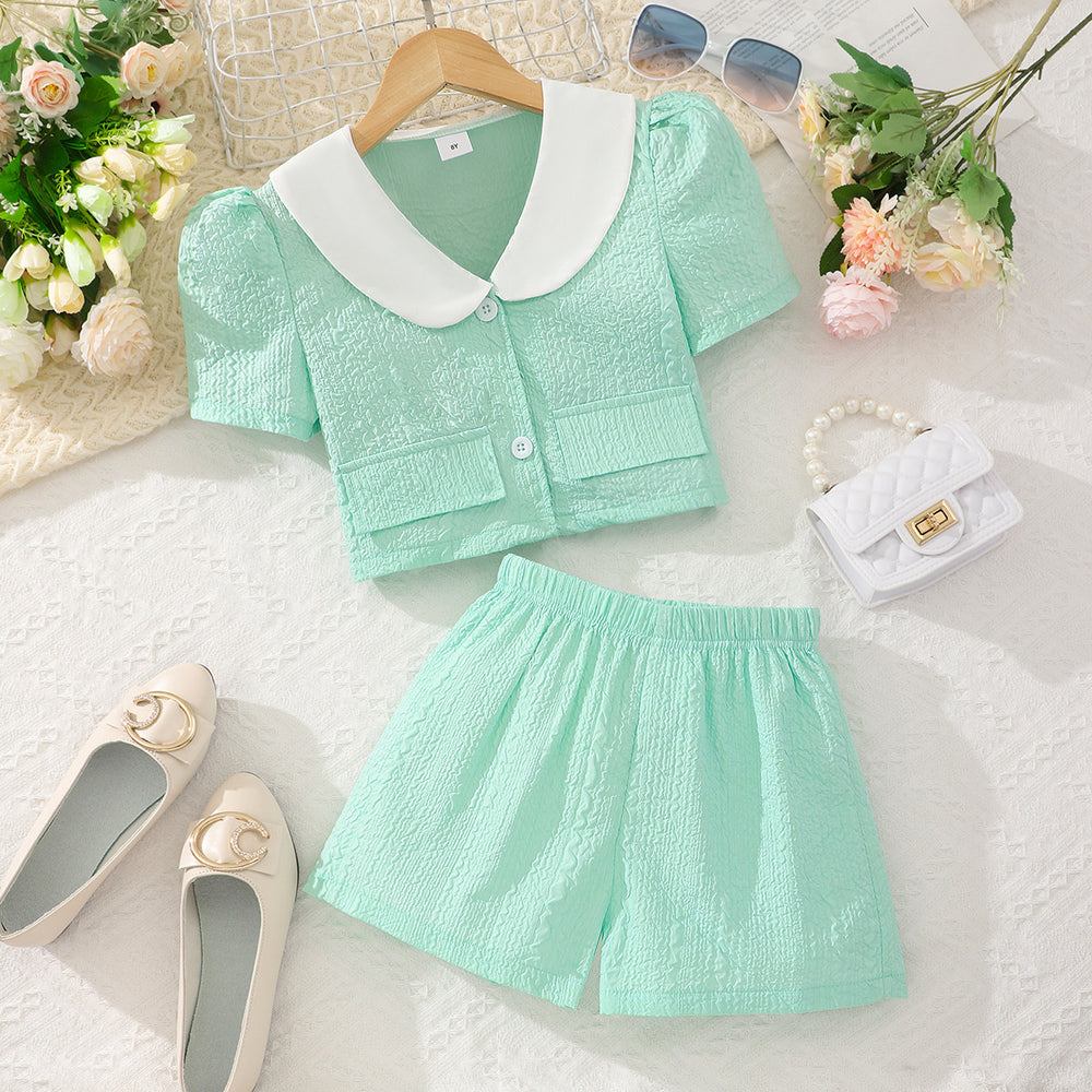 Children's short-sleeved y-neck pure color embossed shortssuit