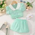 Children's short-sleeved y-neck pure color embossed shortssuit