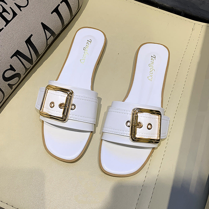 2021 slippers women's summer good buckle one-word drag women's flat sandals fashion casual wear student sandals tide