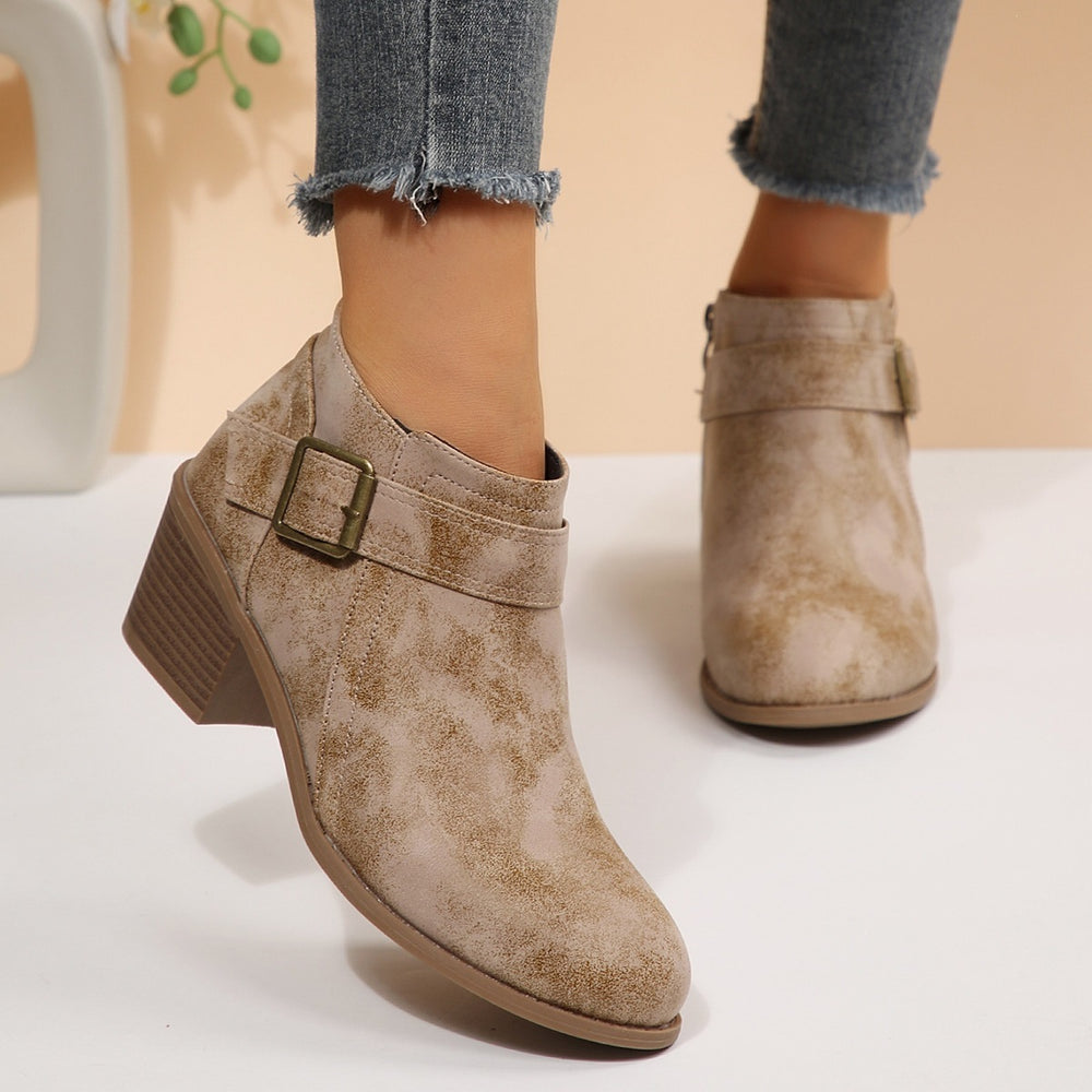 Plus size leather belted mid-heel ankle boots -  autumn new collection - pointed toe, side zipper, chunky heel, retro martin boots for women