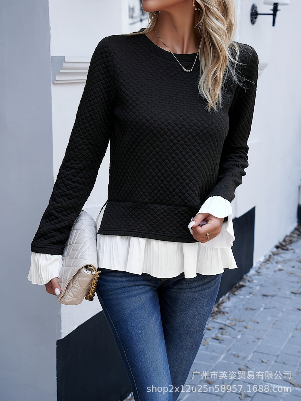 Cross-border women's clothing Shein  Europe and America 2024 spring and summer casual solid color round neck fashion sweater lace long sleeve