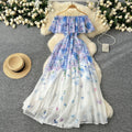 European and american sexy vacation style off-the-shoulder ruffle trim patchwork waist-tie elegant long maxi printed chiffon dress