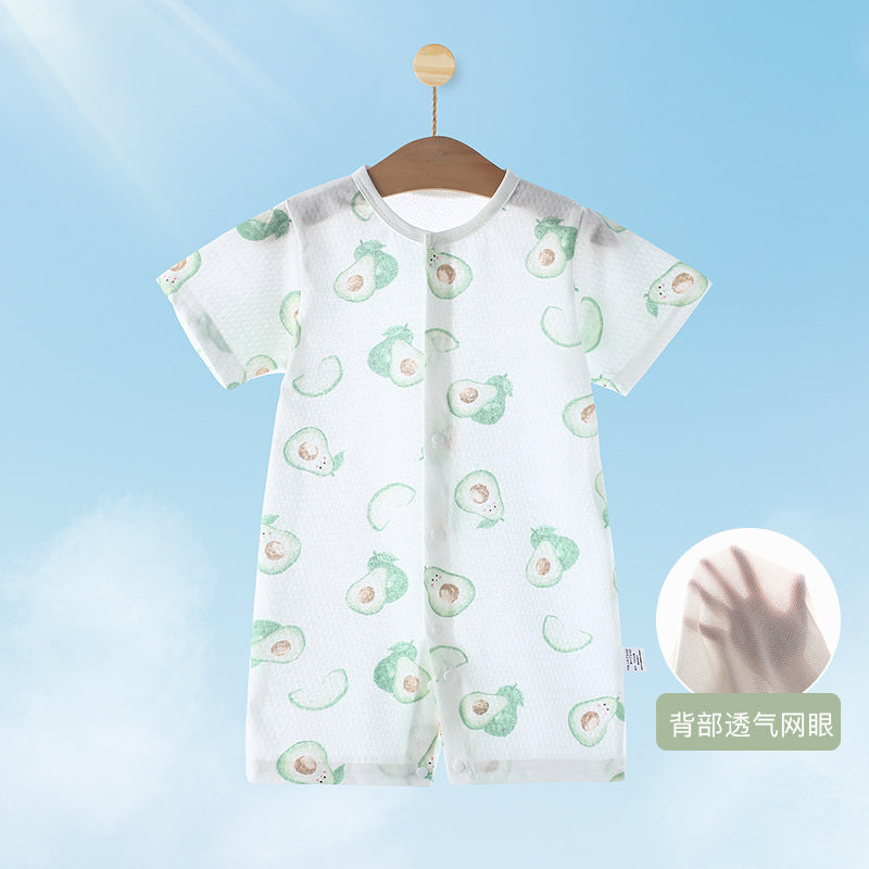Baby short-sleeve snap-crotch romper, infant home air conditioning suit, breathable mesh crawling jumpsuit for 0-2 year olds