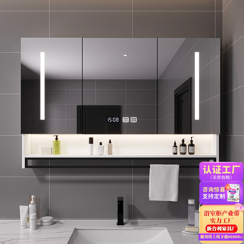 Smart bathroom mirror cabinet wall-mounted with lamp defogging separate solid wood mirror cabinet with towel bar bathroom storage mirror case