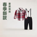 Boyssuitspringnew arrivalboysplaidlong sleevesshirtbaby boy british plaid one-year-old overallssuit