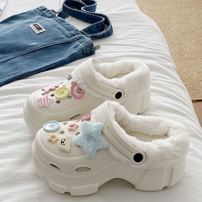Clogs winterfleece-lineddetachable women's fall and wintergirl high heels cute student non-slip cotton slippers winterfleece-lined