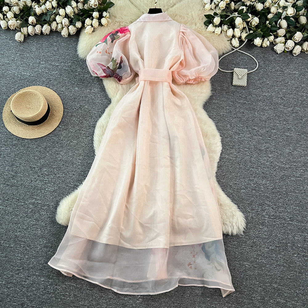 Frenchelegancedress women's summer palace style strap waist stereo flower lantern sleeve printing mesh long skirt