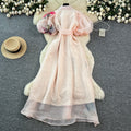 Frenchelegancedress women's summer palace style strap waist stereo flower lantern sleeve printing mesh long skirt