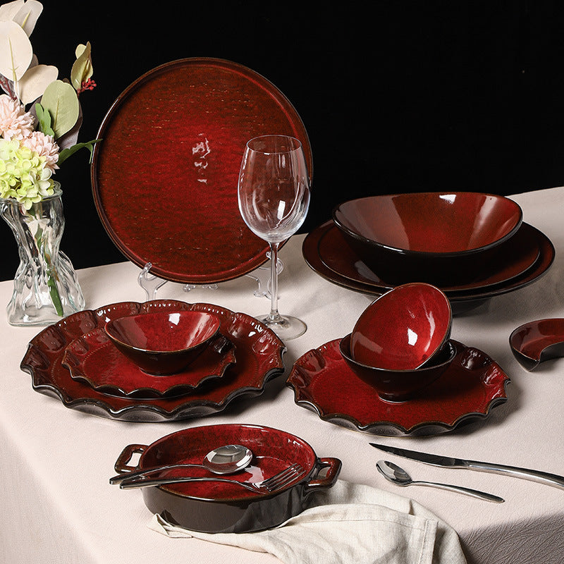 Personalized burgundy ceramic restaurant hotel tableware embossed exquisite fruit dessert plate tea tray for home dish plate salad bowl