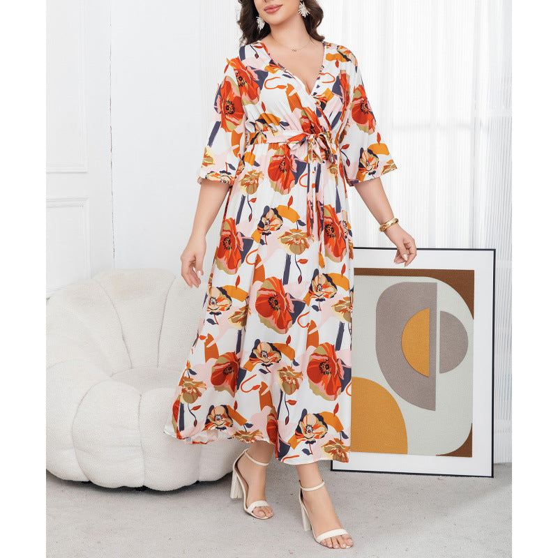 plus size cross-border new arrival  women's original elegant v-neck printed dress