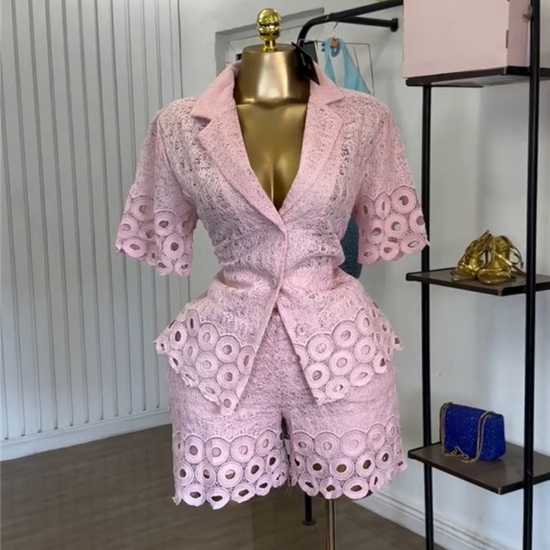 European and american cross-border women's fashion:  summer new arrival - stylish turn-down collar, hollow-out short sleeve shirt & wide-leg shorts casual set