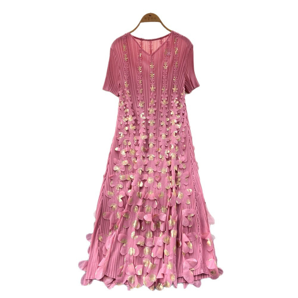 Miya pleated dress - women's  summer collection: european & american style, sophisticated, gold foil 3d floral appliqué, loose fit, pleated maxi dress