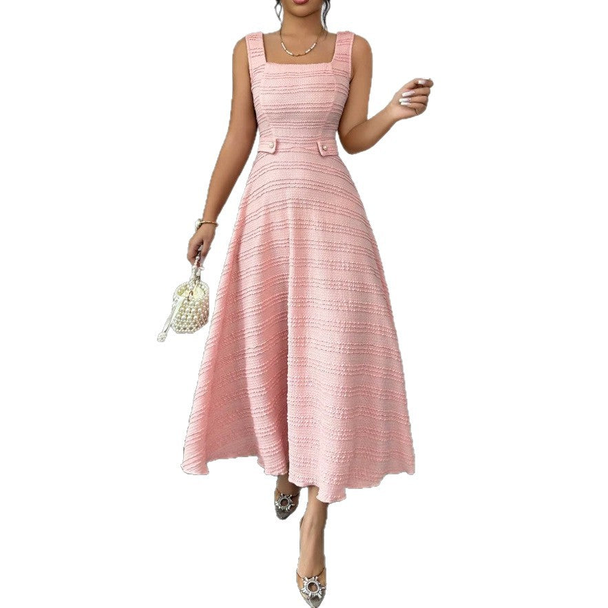 summer new arrival: elegant pink crew neck sleeveless knit dress with rhinestone button accents and openwork crochet detail