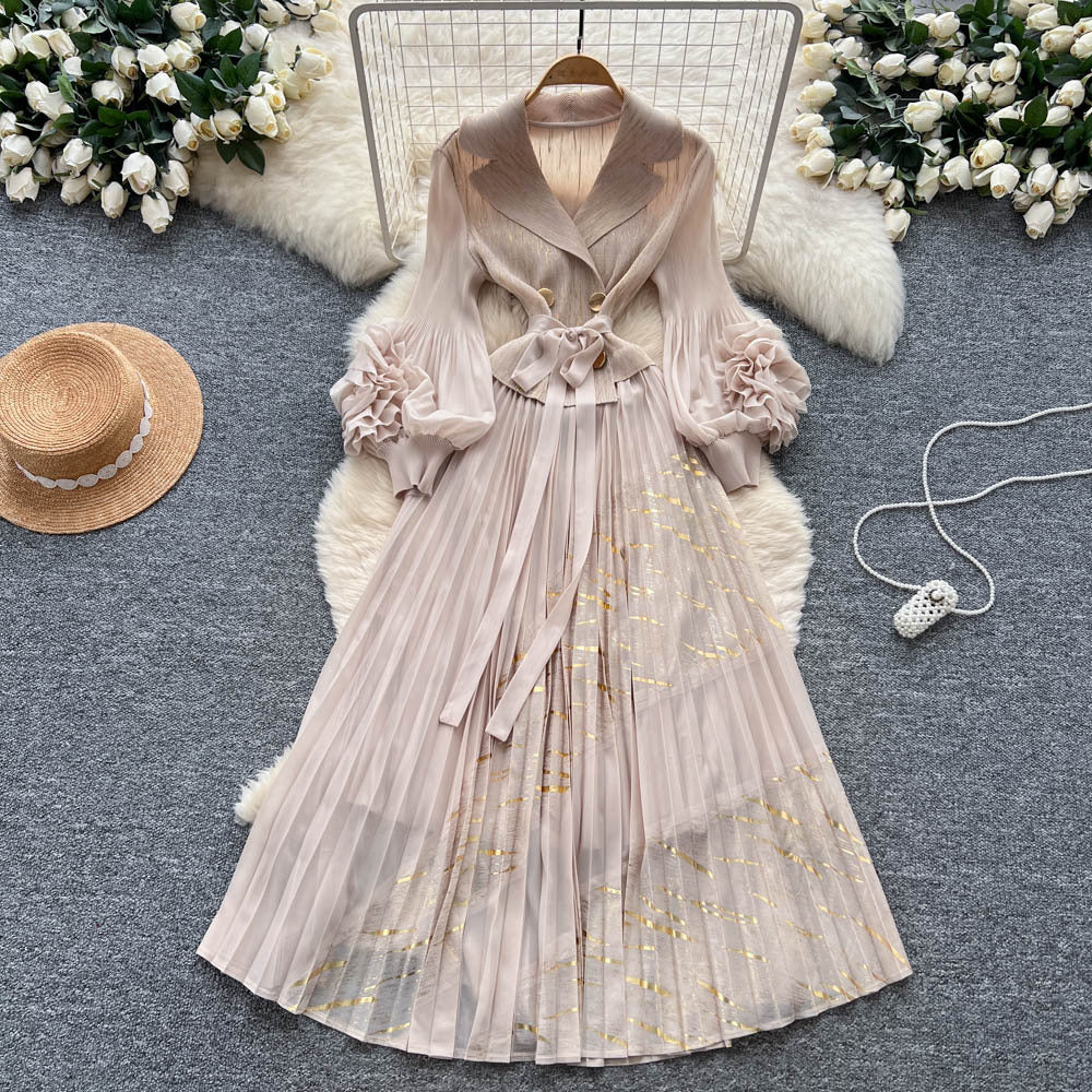 Miya european and american dress women's 2025 autumn tie-waist collared 3d floral lantern sleeve pleated maxi dress