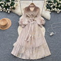 Miya european and american dress women's 2025 autumn tie-waist collared 3d floral lantern sleeve pleated maxi dress