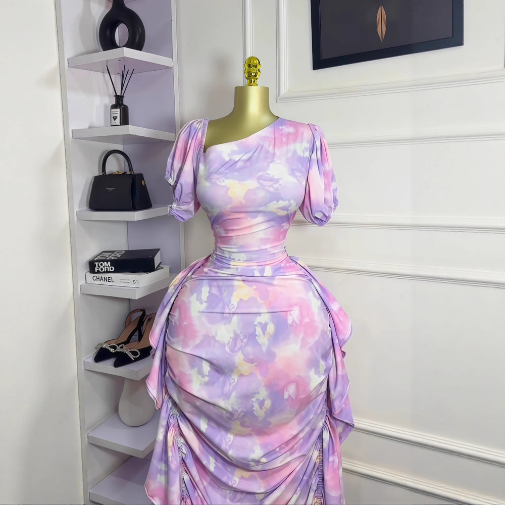 European and american cross-border women's fashion:  early autumn new arrival - bubble sleeve, asymmetrical neckline, printed ruffle trim, bodycon elegant dress