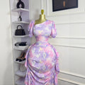 European and american cross-border women's fashion:  early autumn new arrival - bubble sleeve, asymmetrical neckline, printed ruffle trim, bodycon elegant dress