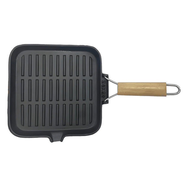 Cast iron pan Cast iron striped steak frying pan Wooden handle folding frying pan Factory direct cast iron striped frying pan
