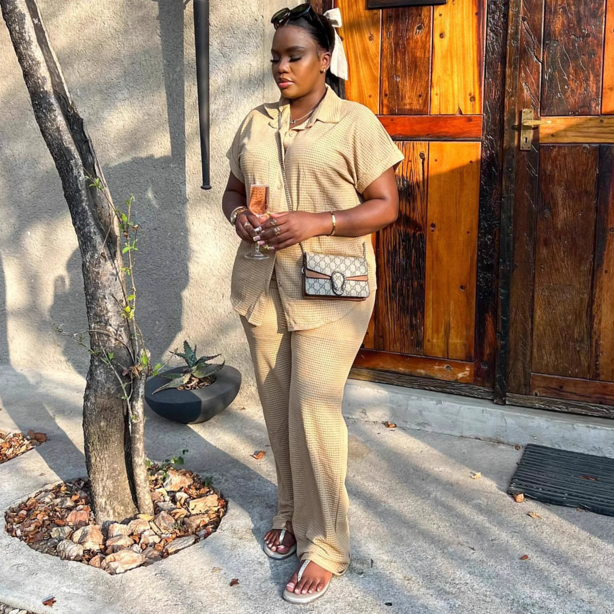 European and American large-size women's clothing solid color short-sleeved lapel cardigan shirt wide-leg trousers African foreign casual new suit