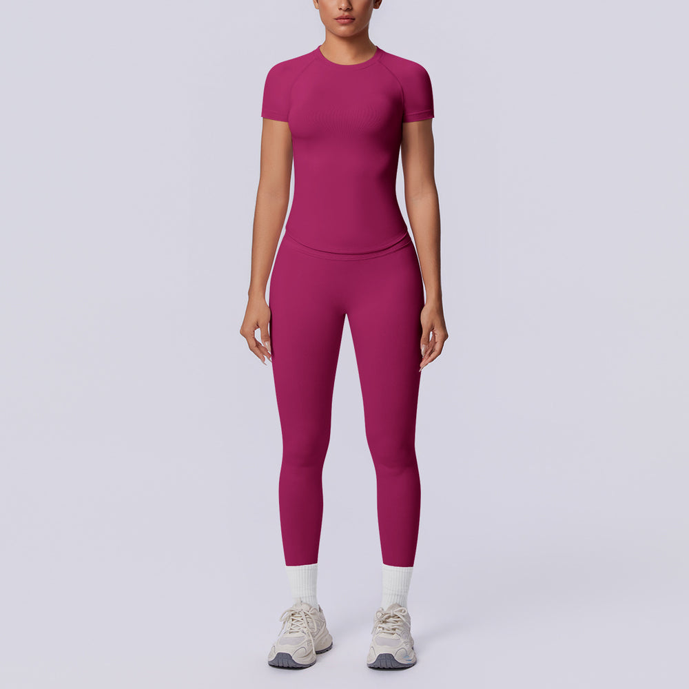 Seamless cross-border yoga set: shaping short-sleeve top & high-waisted butt-lifting leggings - perfect for running and fitness