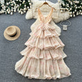 French riviera style sleeveless dress - women's  summer collection: slim fit, ruffle hem, tiered maxi dress