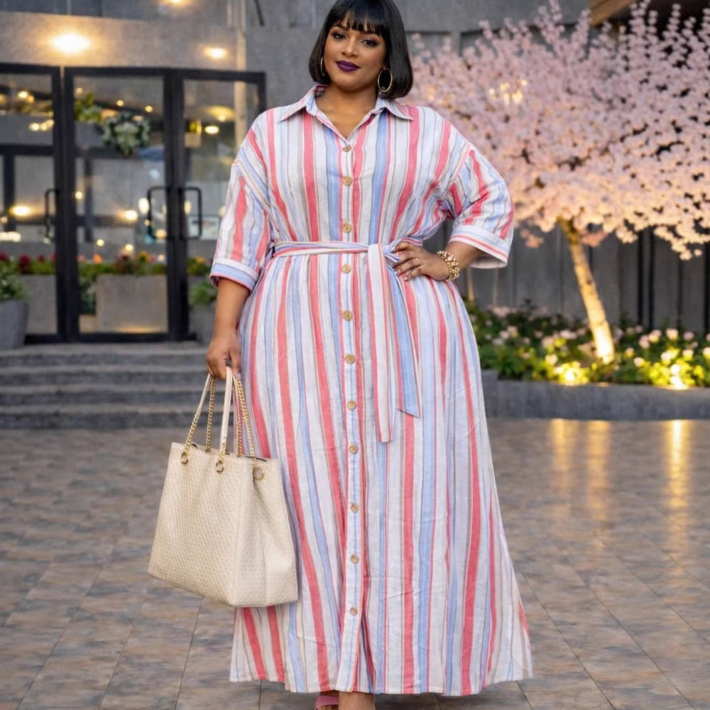 European and american cross-border women's fashion:  summer new arrivals - stylish and elegant striped button-down casual shirt dress (long length)