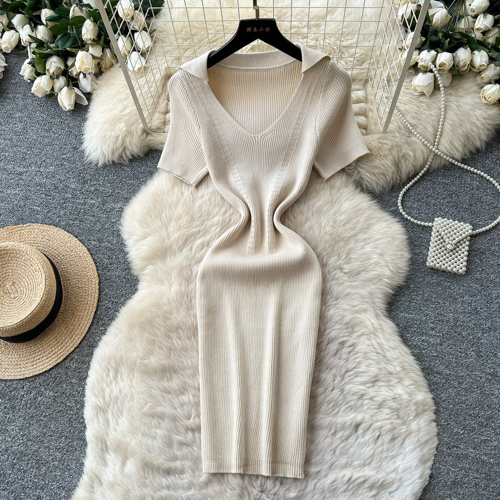 K-stylev neck short-sleeved knittingelegantdress women's summer silmslimming look waist a-line skirt light and elegant style