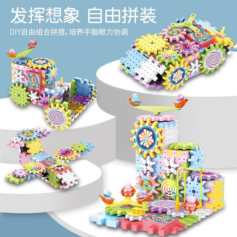 Transforming building blocks: mechanical gear interlocking children's electric track diy educational stem assembly toy - cross-border