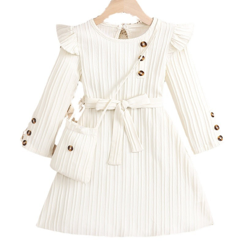 New girls' white long-sleeve dress with lace trim, chanel-inspired waist detail, striped design, and matching crossbody bag - perfect for autumn