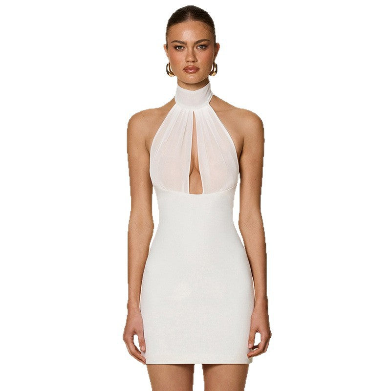 european and american women's clothing  summer new solid color high neck hollow-out ribbon patchwork backless bodycon dress